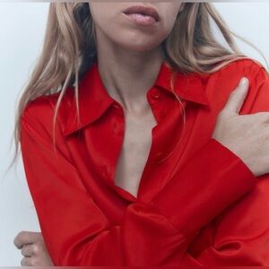 Zara Red Flowy Satin Blouse Viscose Size L NWT